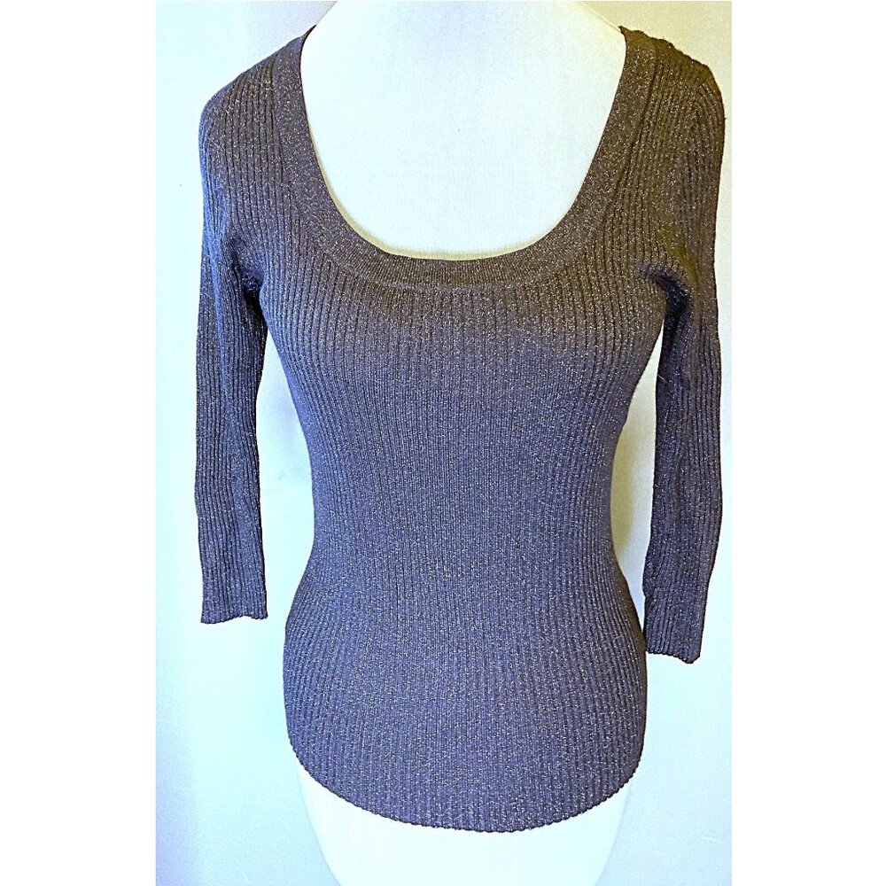 Apostrophe charcoal grey/silver lurex scoop neck rib knit long sleeve sweater
